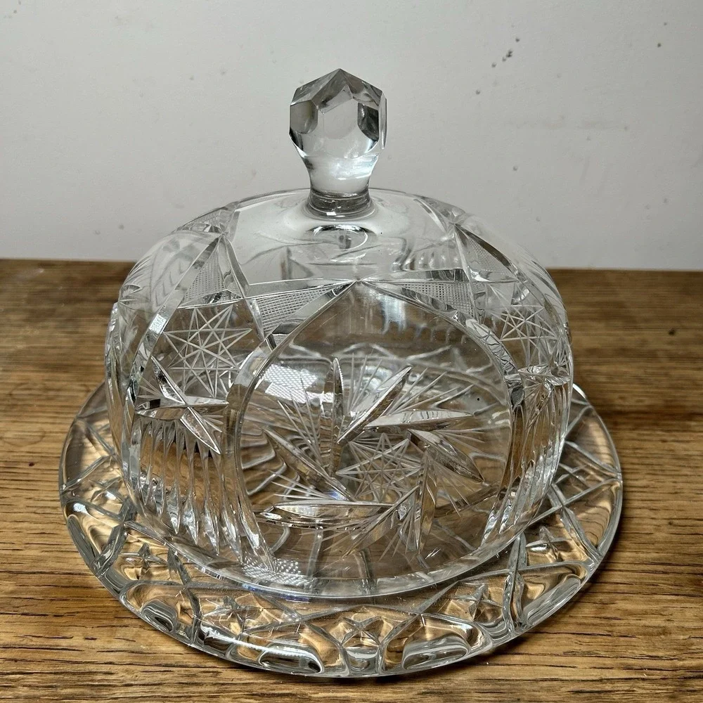 Vintage Crystal Cheese Dome Butter Dome Cake Dish‎ Plate Glass Heavy
